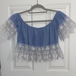 iris Blue Off-Shoulder Crop Top with White Lace